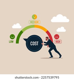 Businessman turning cost dial to a low. Cost cutting and efficiency concept.  Modern vector illustration in flat style 