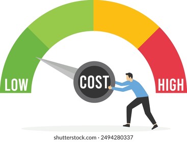 Businessman turning cost dial to a low. Cost cutting and efficiency concept. Modern vector illustration in flat style

