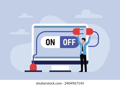 Businessman turning off and turning on devices 2d flat vector illustration