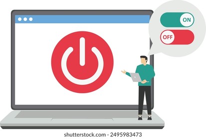 Businessman turning off and turning on devices. On Off button on laptop screen. Modern vector illustration in flat style

