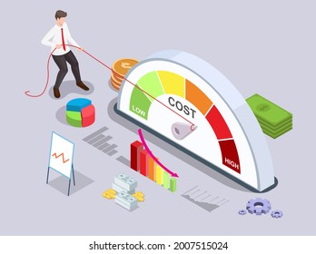 Businessman turning quality meter arrow back with rope from high to low level, flat vector isometric illustration. Price management. Cost reduction strategy.