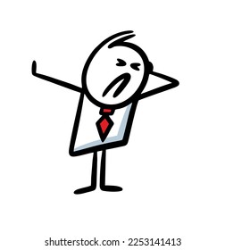 Businessman  turns away with a contemptuous grimace from negative suggestions. Vector illustration of a funny guy in office suit at work.