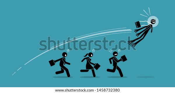 Businessman turns into frog and jump over all his\
competitors in one leap. Vector artwork concept depicts business\
leapfrog, overtake, advancement, success innovation, breakthrough,\
and winning. 
