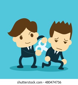businessman turns on colleague with wind-up key in his back
