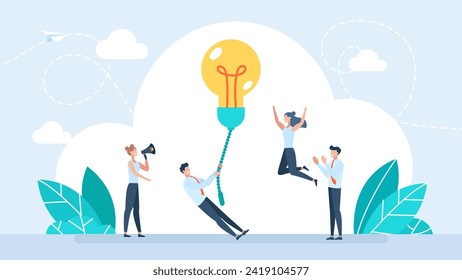 Businessman turns on light bulb. Turn on creativity, inspiration, new idea, solution or innovation to solve problem, enable knowledge or creativity concept. Happy tiny characters. Vector illustration