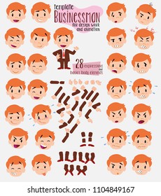 Businessman. Twenty eight expressions and basics body elements, template for design work and animation. Vector illustration to Isolated and funny cartoon character.