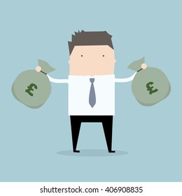 Businessman with two bags of money. Pound sterling. 