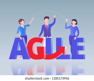 A businessman and two business ladies show a flexible methodology Agile software development in big letters