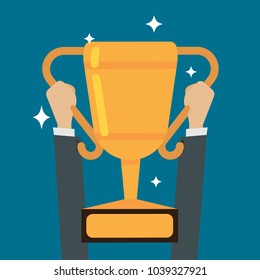 Businessman two hand holding gold cup award for successful. vector illustration
