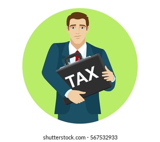 Businessman with two hands grabbed the briefcase. Briefcase with the inscription "Tax". Portrait of businessman in a flat style. Vector illustration.