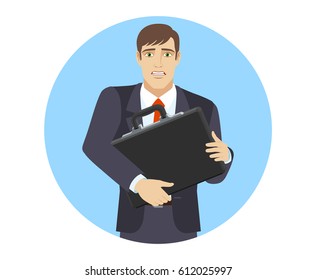Businessman with two hands grabbed the briefcase. Portrait of businessman character in a flat style. Vector illustration.