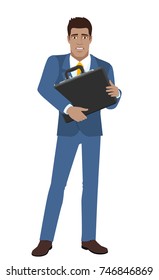 Businessman with two hands grabbed the briefcase. Full length portrait of Black Business Man in a flat style. Vector illustration.