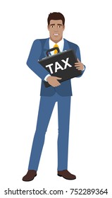Businessman with two hands grabbed the briefcase and does not want to pay tax. Full length portrait of Black Business Man in a flat style. Vector illustration.