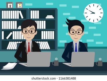 Businessman two in worker in office sit at the desks with notebook. workspace with table and computer. Big boss office. There is furniture a blue background in the picture. vector illustration