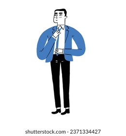 Businessman tying a necktie. Hand drawn vector illustration line art doodle style. 