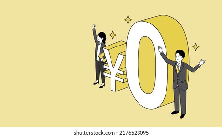 Businessman with type"zero japanese yen", rejoicing,vector illustration,copy space