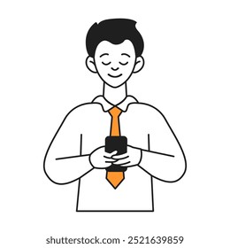 Hombre de negocios escribiendo en el icono de Vector de color de línea de teléfono inteligente. Empleado de oficina morena usando chat en la ilustración del personaje del teléfono móvil en blanco