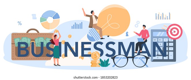 Businessman typographic header. Idea of strategy and deal achievement. Target and key to success. Communication with customer and business solution. Isolated vector illustration