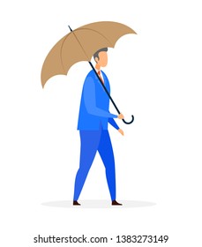 Businessman with Umbrella Flat Vector Illustration. Young Guy Holding Open Parasol Cartoon Character. Serious Entrepreneur in Formal Suit on Outdoor Walk. Respectable Faceless Man. Rainy Weather