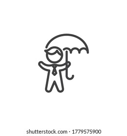 Businessman with umbrella line icon. linear style sign for mobile concept and web design. Business protection outline vector icon. Symbol, logo illustration. Vector graphics