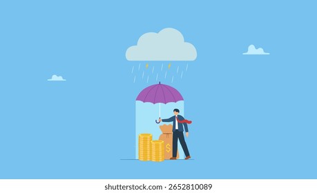 Empresário com guarda-chuva para proteger a pilha de moedas de dinheiro da tempestade de chuva. A proteção do patrimônio, a carteira de afetação de ativos de investimento no mercado da volatilidade ou a poupança protegem em caso de crise financeira e econômica.