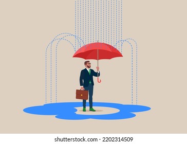 Businessman with umbrella to protect from rain storm. Dealing with bad luck, protect from business mistake or economic recession, security or insurance. Flat vector illustration.