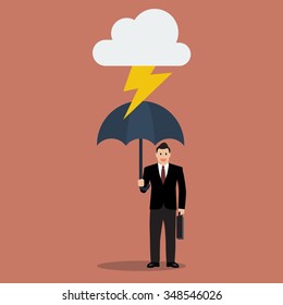 Businessman with umbrella protect from thunder. Business concept