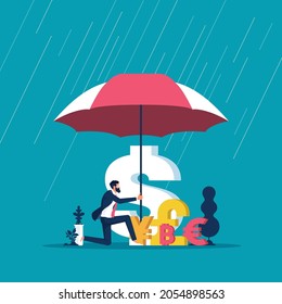 Businessman with umbrella protecting money from economic problems, Business and finance protection vector concept