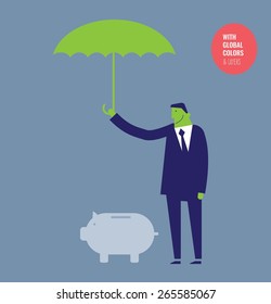 Businessman with umbrella protecting a money pig. Vector illustration Eps10 file. Global colors&layers.