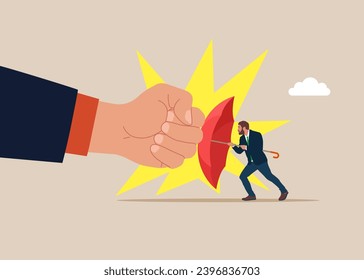 Businessman with umbrella red protect from attack punch. Market crash. Fight to survive in business competition. Flat vector illustration.