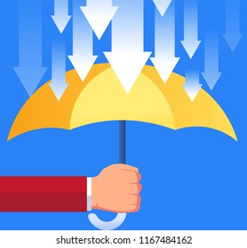 Businessman with umbrella resisting falling arrow