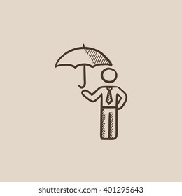 Businessman with umbrella sketch icon.