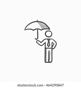 Businessman with umbrella vector sketch icon isolated on background. Hand drawn Businessman with umbrella icon. Businessman with umbrella sketch icon for infographic, website or app.