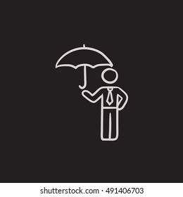 Businessman with umbrella vector sketch icon isolated on background. Hand drawn Businessman with umbrella icon. Businessman with umbrella sketch icon for infographic, website or app.