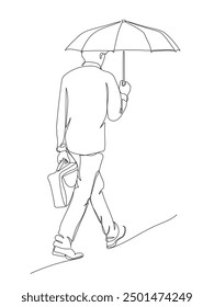 Businessman with umbrella walking away on rainy day. Holding notebook bag. Back view. Continuous line drawing. Black vector in line art style.