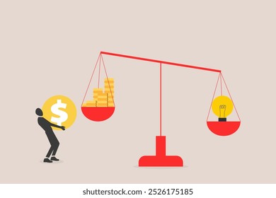 Empresário com balanças desequilibradas, lâmpada vs dinheiro. Peso das pessoas ideias e tempo maior