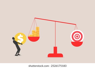 Empresário com escalas desequilibradas, alvo vs dinheiro. Peso das pessoas ideias e tempo maior