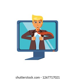 businessman unbuttoning his shirt in computer