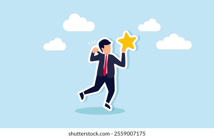 A businessman unconsciously pulls his own shirt while holding a star, illustration of self-awareness in restraining selfishness to improve business quality