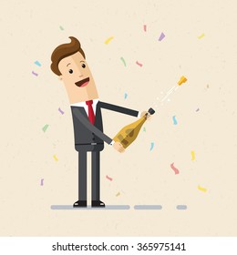 Businessman uncorking a bottle of champagne. Illustration,  vector EPS 10.