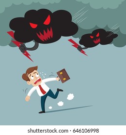 Businessman under the black cloud with thunder, vector illustration cartoon