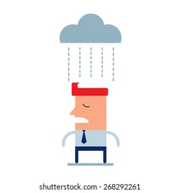 Businessman under brainstorming concept Depressed business man walking down the rain