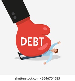 Businessman Under Debt Boxing Gloves. Man Under Debt Concept. Cartoon Vector Illustration.  