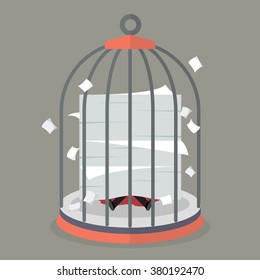 Businessman under a lot of documents in bird cage. Business concept