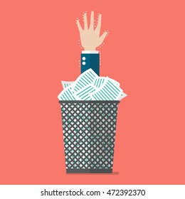 Businessman under a lot of documents in the trash can. Flat style vector illustration