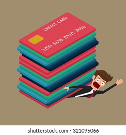 Businessman Under Many Credit Cards. Debt Concept.  Cartoon Vector Illustration.