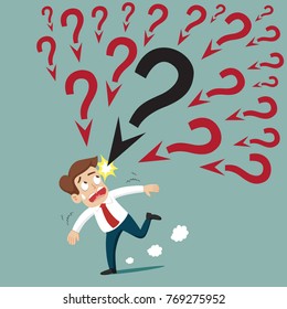 Businessman under question mark and arrows, illustration vector cartoon