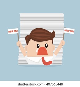 Businessman under the stack of paper, flat design, work concept