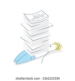 Businessman under the stack, pile of paper. Hard office corporate working, overwork, overload with paper work, report or education concept. Flat outline vector on white.