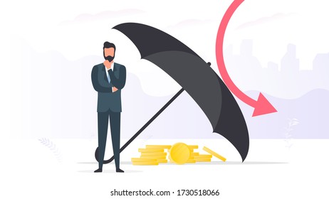 Businessman under an umbrella. Business conservation concept. Business is safe from risks. Vector.